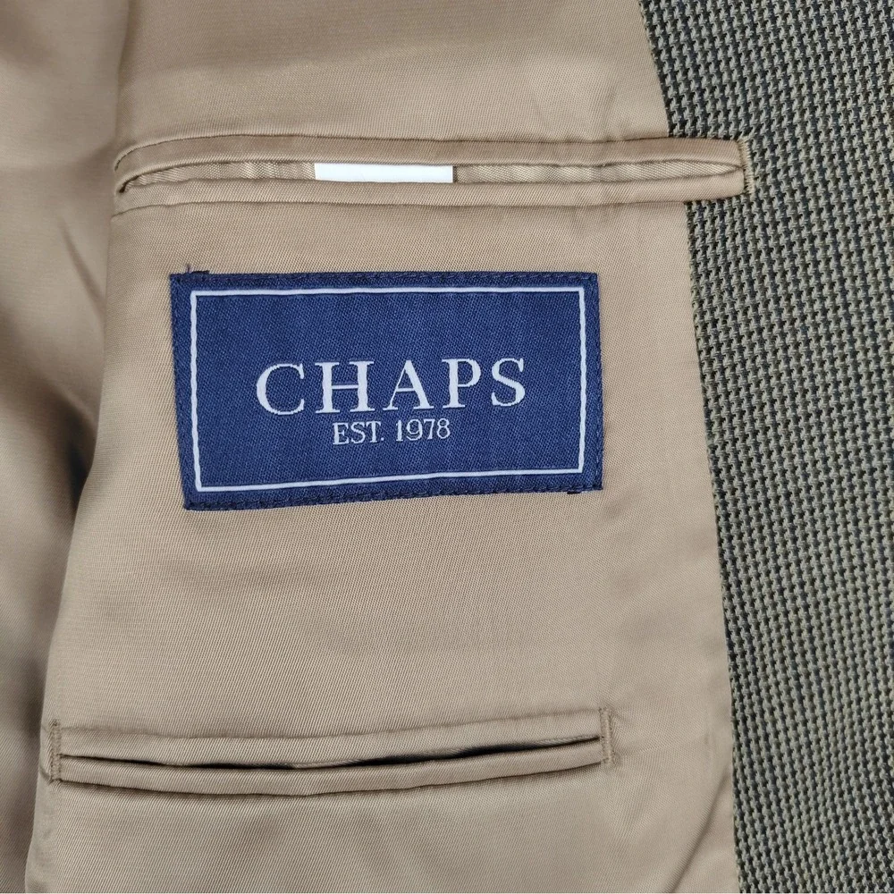 Chaps Sport Coat Mens 44L Brown Tan Check 100% Wool Two Button Blazer Jacket